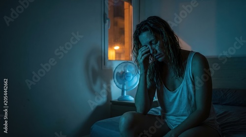 Tired woman sitting on bed at night rubbing eyes in dark room with fan for insomnia heatwave and menopause symptom themes
