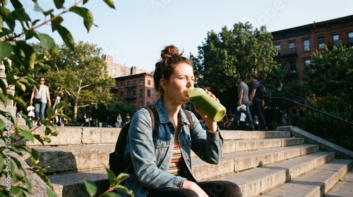 Young woman drinking healthy green juice smoothie while sitting on stone steps in an urban city park during sunset for wellness marketing