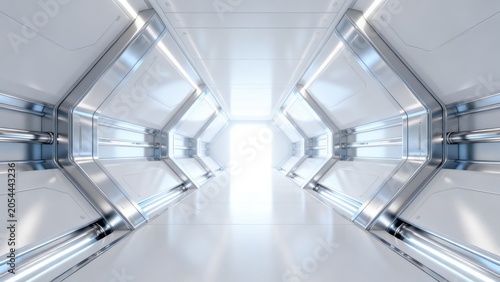 Futuristic metallic corridor with bright light
