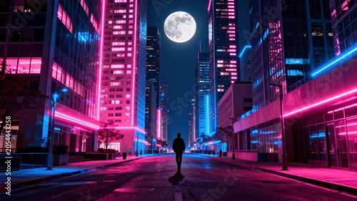 Person walking on neon lit city street at night
