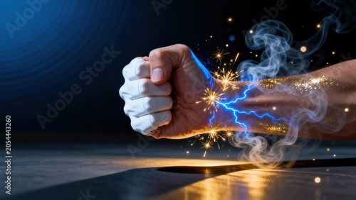 Hand with electric sparks and smoke