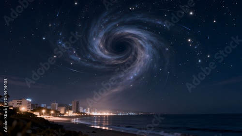 Nighttime cityscape with galaxy sky