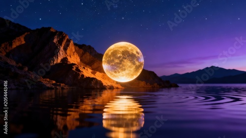 Large moon over mountainous lake at night