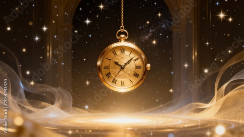 Golden pocket watch in starry space