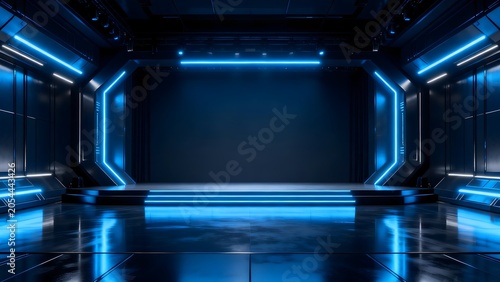 Futuristic stage with blue neon lights