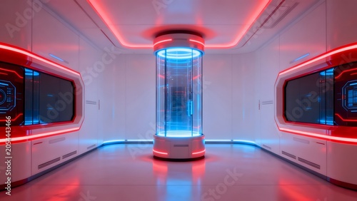 Futuristic room with glowing cylinder