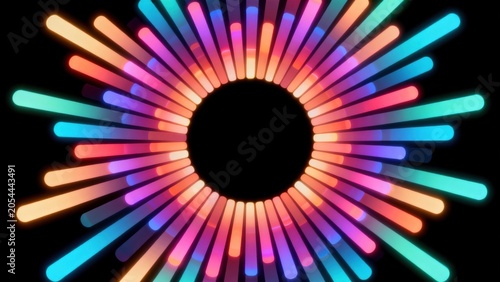 Colorful radiating light beams on black