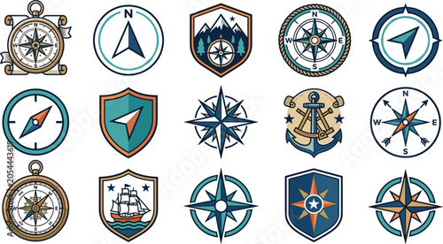 Cuadro en lienzo Compass and Navigation Badge Collection with Maritime Emblems, Direction Symbols