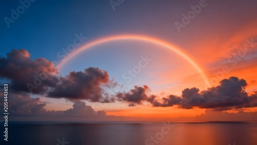 sunset with rainbow over ocean