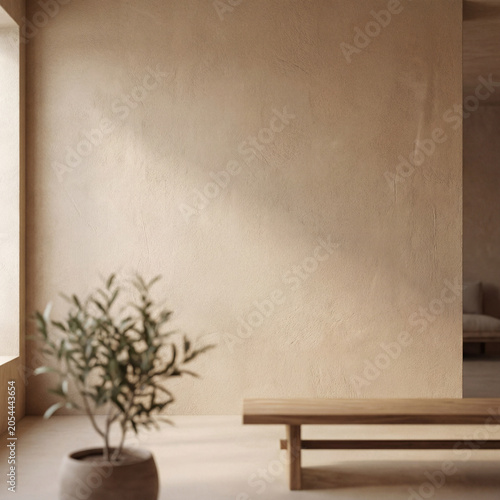 Minimalist Wall Logo Mockup with Plant and Bench
