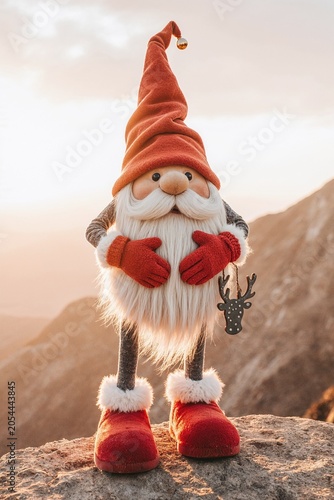 Plush Christmas Santa figurine holding reindeer ornament outdoors  