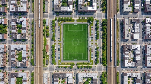 Aerial view of soccer field between railway tracks and city streets