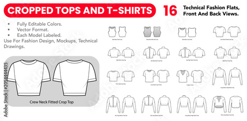 Cropped Tops And T Shirts collection includes black and white technical fashion flats with front and back views, outline versions and fitted silhouettes. Vector illustration