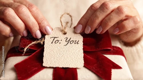 A person holding a gift with a red ribbon and a personalized tag that reads 'To: You' in elegant cursive writing, captured in a heartwarming video moment.
