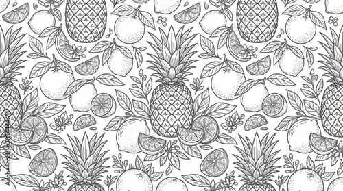 Tropical fruit seamless pattern with pineapples and citrus slices
