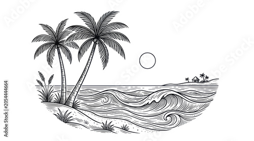 Tropical beach landscape featuring palm trees and ocean waves
