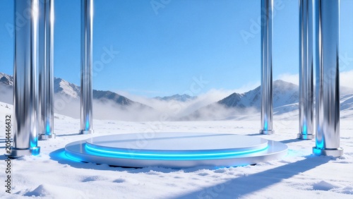 Snowy mountain platform with glowing poles