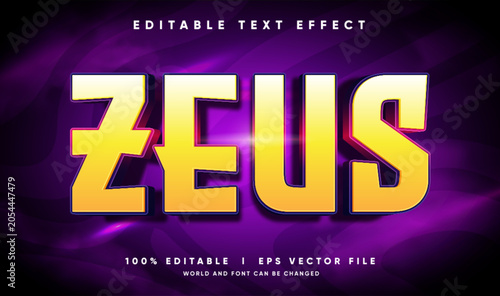 Editable zeus 3d text effect template with bold yellow gradient font and powerful glowing purple thunder background