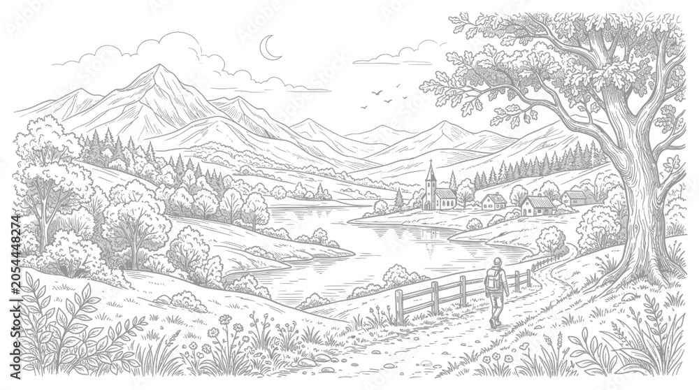 Obraz premium Lone traveler walking toward a mountain village by a serene lake