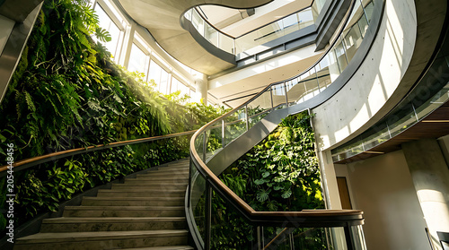Modern office workspace featuring organic green interior design with a spiraling staircase and indoor nature environment