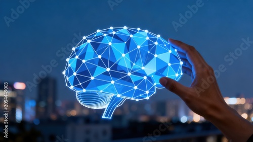 Hand holding digital brain against city skyline