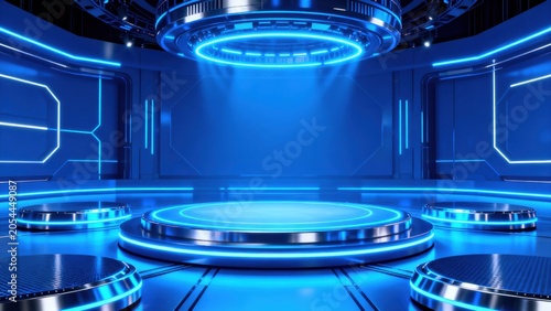 Futuristic blue neon room with circular platforms