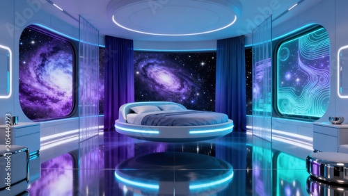 Futuristic bedroom with galaxy views