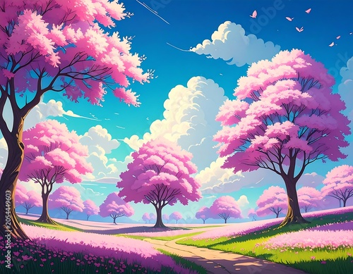 Vivid artwork of a serene spring landscape. Pink flowering trees dot green fields under a bright blue sky with fluffy clouds