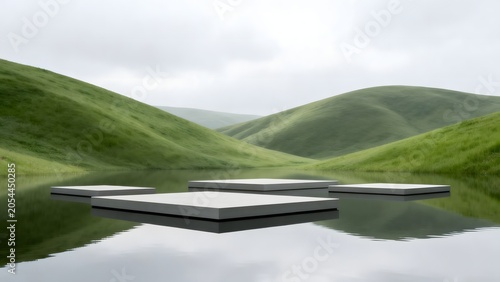 Modern platforms in serene green landscape