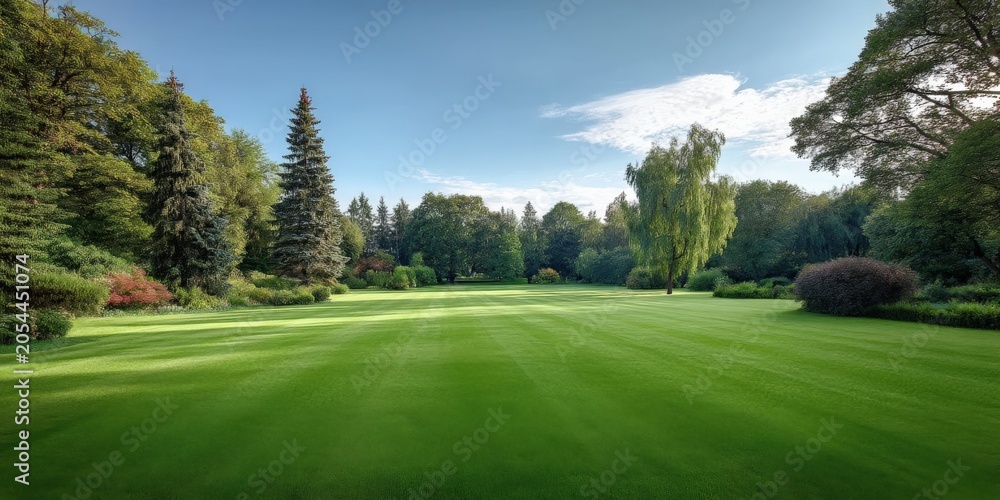 Obraz premium Lush green manicured lawn with sunlit trees and blue sky in expansive park or garden