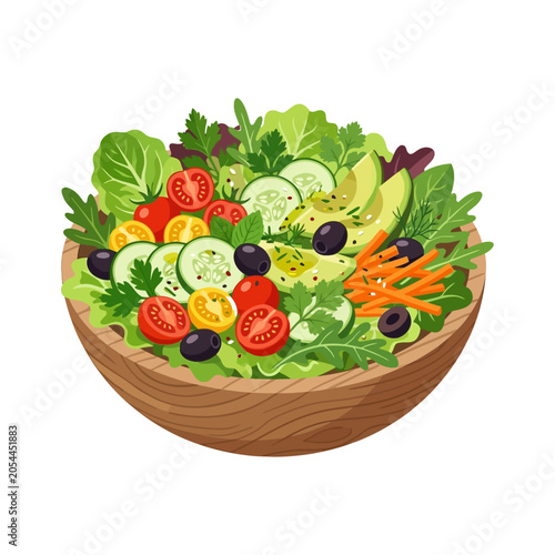 Vector illustration of a top-down view of a gourmet salad bowl with fresh mixed greens, ripe avocado, olives, tomatoes, and salad dressing.