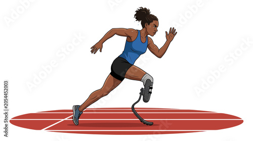 Foto Female athlete with prosthetic leg running on track, athletic competition, deter