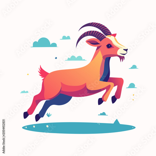 Stylized illustration of a jumping goat with colorful gradient