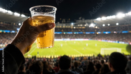Spectator enjoys a cold beer in a plastic cup while watching a live soccer match in a packed stadium at night.
