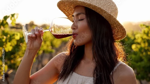 A woman in a vineyard enjoying a glass of wine during a beautiful sunset video
