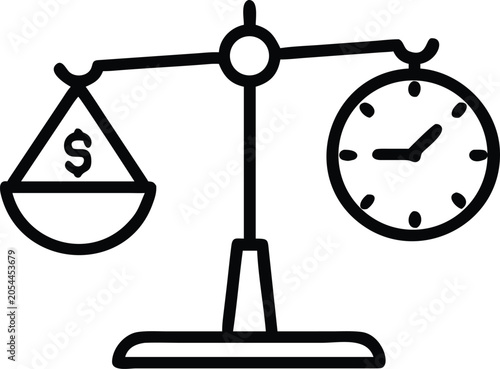Scales of justice icon comparing dollar sign and clock face balance comparison