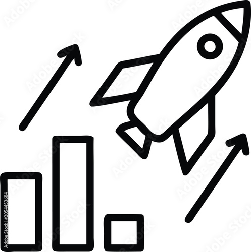 Rocket launch and upward trending bar graph with arrows icon startup business