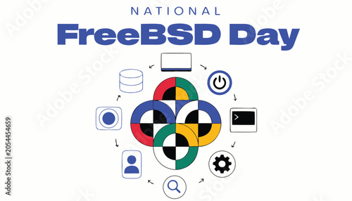 Fotografi National FreeBSD day graphic featuring colorful abstract shapes and icons