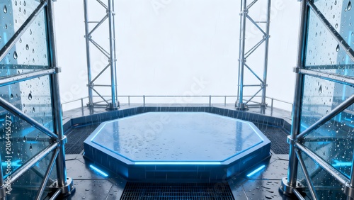Futuristic platform with water droplets