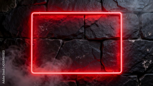 Red neon frame on stone wall