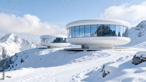 Modern circular buildings in snowy mountain landscape