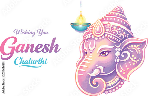 Colorful Ornamental Lord Ganesha Head Line Art on Clean White Background