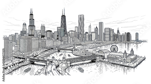 Cuadro en lienzo Chicago city skyline with navy pier and riverfront sketch