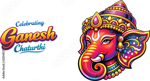 Colorful Ornamental Lord Ganesha Head Line Art on Clean White Background