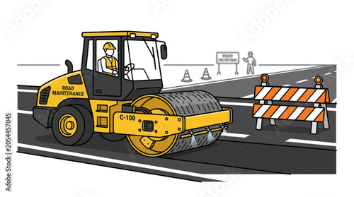 Fotografie Yellow road roller machine compacting asphalt during maintenance work