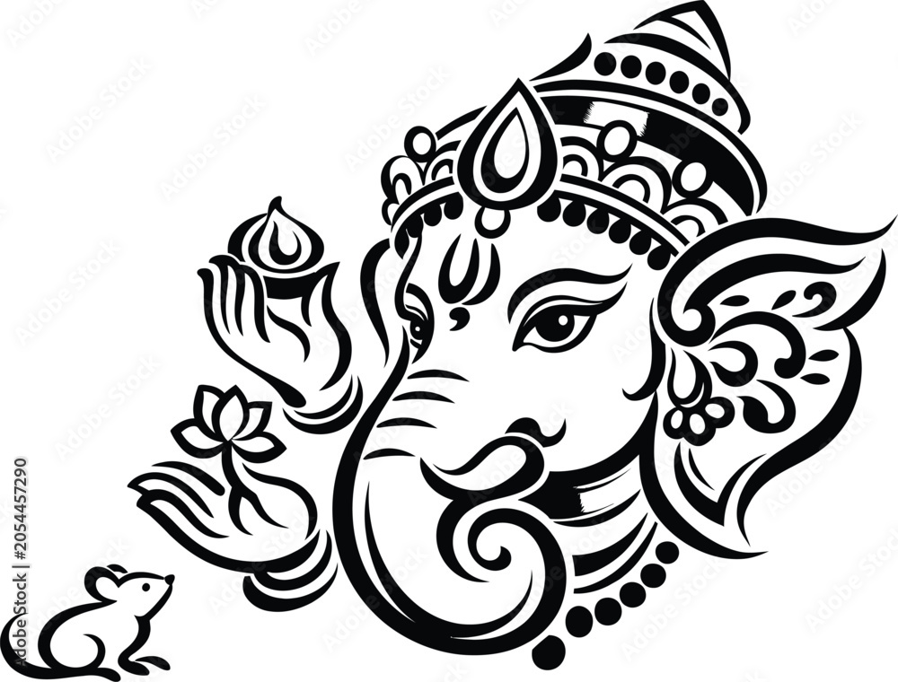 Obraz premium Black Outline Ornamental Lord Ganesha Head with Lotus Laddoo and Mouse on White Background
