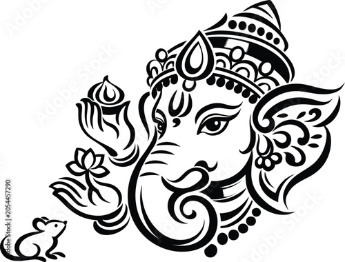 Black Outline Ornamental Lord Ganesha Head with Lotus Laddoo and Mouse on White Background