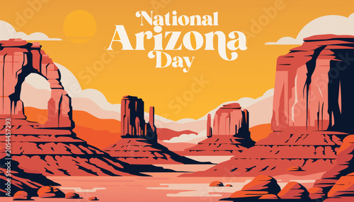 Obraz na płótnie National Arizona Day graphic featuring scenic red rock desert landscape illustra