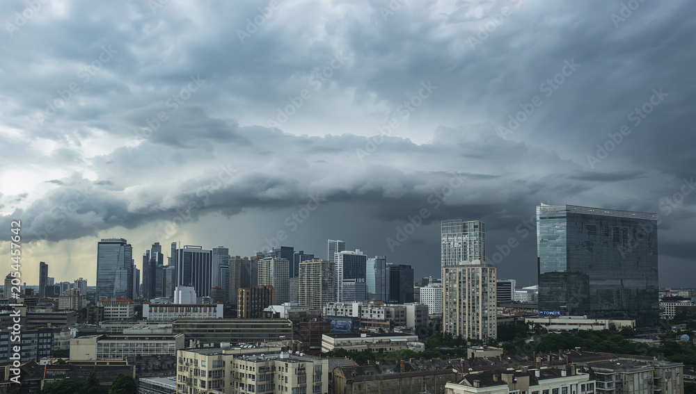 Fototapeta premium 都市の上空で巨大な積乱雲がビル群に迫る天候の写真
