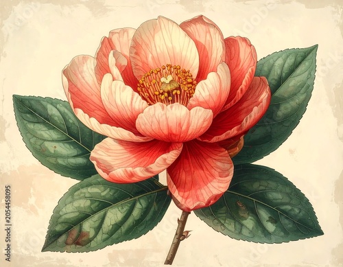 Vivid botanical illustration showcasing a blossoming flower with detailed petals, surrounded by lush green leaves. Soft, aged paper texture